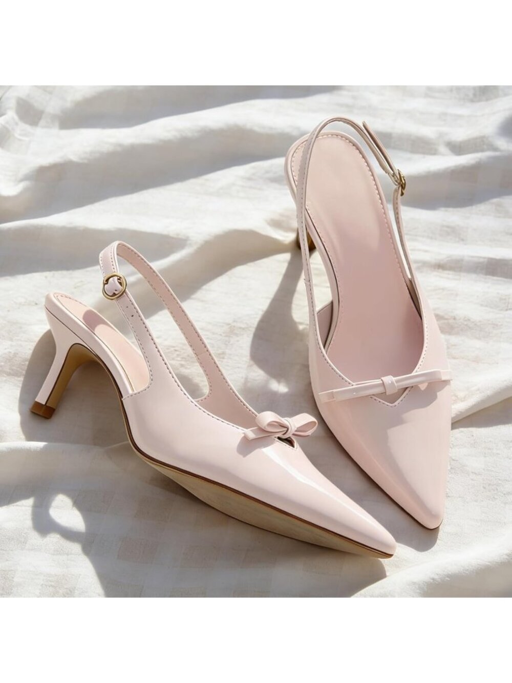 Women's Light Pink Kitten Heels Bow Ankle Strap Pointed Toe Heel Sexy Party Pump - Picture 6 of 6